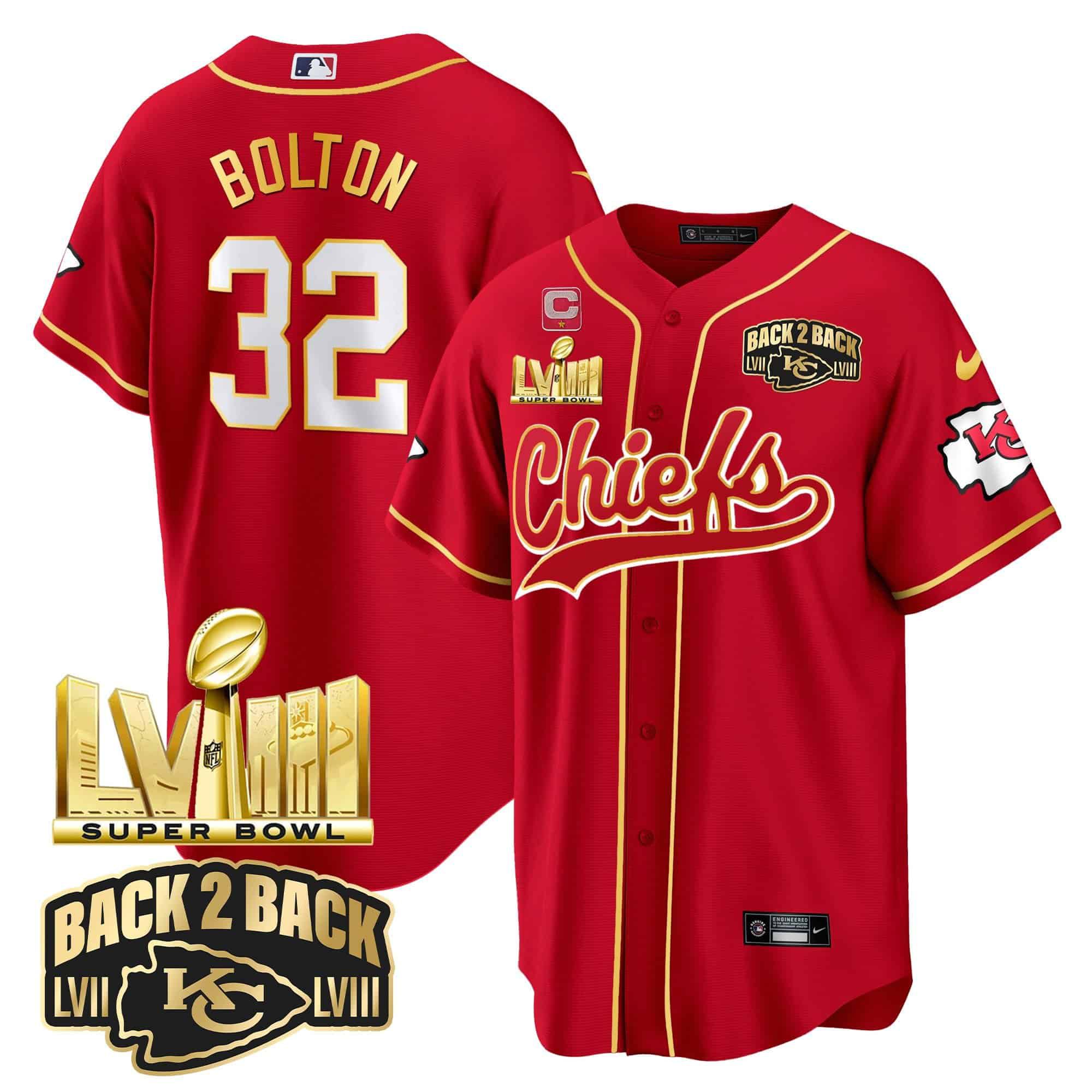 Men Kansas City Chiefs 32 Bolton Red 2024 Nike Super Bowl LVIII Back 2 Back Gold Patch Baseball NFL Jersey